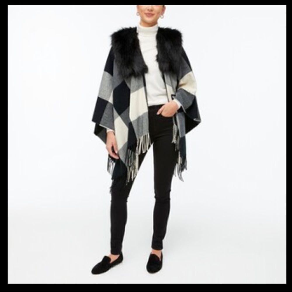 J Crew Faux-fur Plaid Cape NWT